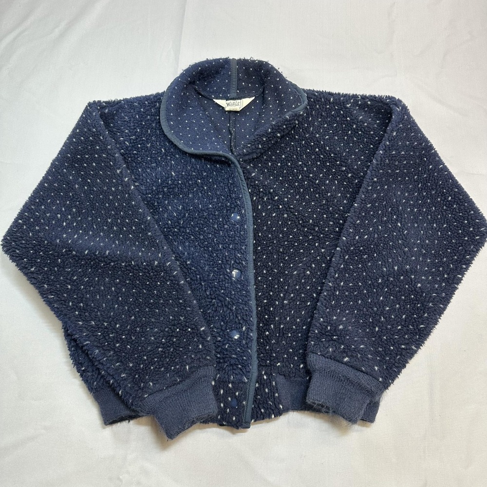 Woolrich Womens Cardigan M Blue Microdot Cottage Soft Fleece Casual USA